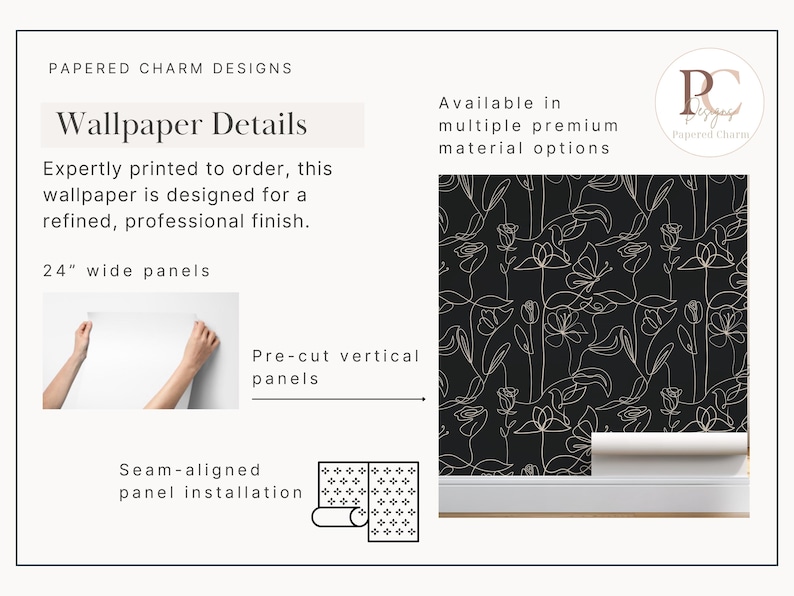Dark Botanical Line Art Wallpaper: Black & Beige Floral Mural imagen 7