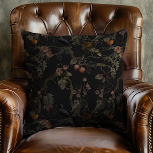Gothic Chinoiserie Throw Pillow – Moody Dark Floral Cushion for Fall Decor, Maximalist Black Accent Pillow, Dark Cottagecore Living Room