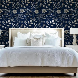 Navy Blue Floral Peel and Stick Wallpaper Modern Elegant Dark Botanical ...
