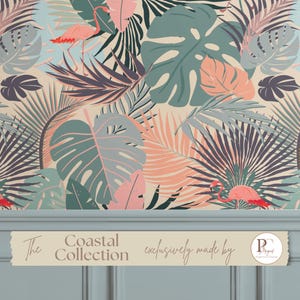 May include: Wallpaper with a tropical pattern of large green and grey leaves, pink and orange leaves, and pink flamingos. The text "The Coastal Collection" is displayed on a banner.