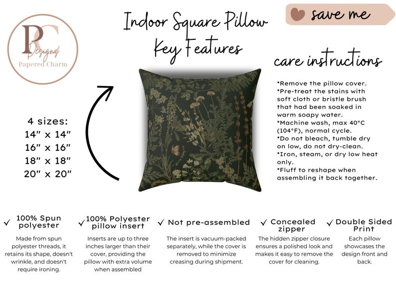 May include: Square pillow with a dark green floral pattern. The pillow is available in four sizes: 14 x 14 inches, 16 x 16 inches, 18 x 18 inches, and 20 x 20 inches. Features include a concealed zipper and double-sided print.
