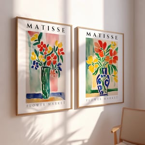 Juego de 2 piezas de arte de pared con diseño de mercado de flores coloridas, con estampados florales inspirados en Matisse, estilo vintage, jarrón artístico, póster botánico brillante, decoración bohemia moderna.