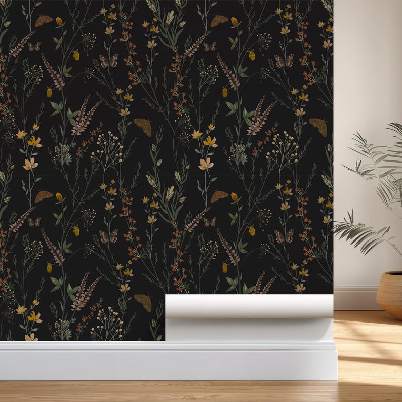 Moody Dark Botanical Peel and Stick Wallpaper Vintage Floral Wall Mural Dark Academia Self- Adhesive for Living Room Bedroom Powder Room Bild 8