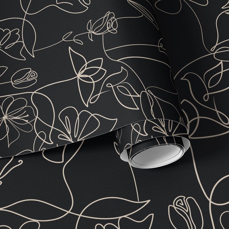 Dark Botanical Line Art Wallpaper: Black & Beige Floral Mural imagen 3