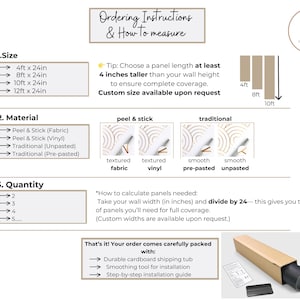 May include: An informational graphic with instructions for ordering wallpaper panels. It details sizes, materials (peel & stick and traditional), and quantity calculations. Includes a diagram and a note about custom sizes.