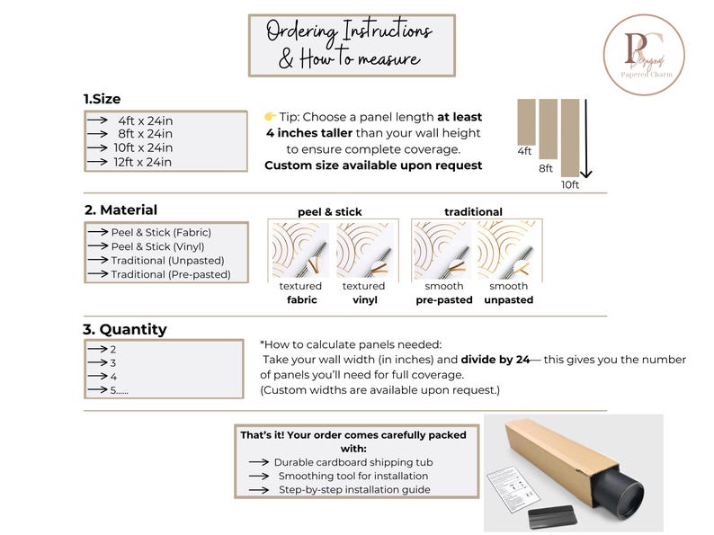 May include: An informational graphic with instructions for ordering wallpaper panels. It details sizes, materials (peel & stick and traditional), and quantity calculations. Includes a diagram and a note about custom sizes.