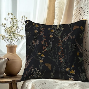 Moody Black Wildflower Throw Pillow Case | Dark Botanical Outdoor Cushion With Butterflies | Cottagecore Dark Acamedia Decor | Garden Gifts