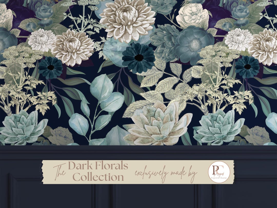 Elegant Blue Floral Wallpaper Peel & Stick Dark Botanical Garden Wall ...