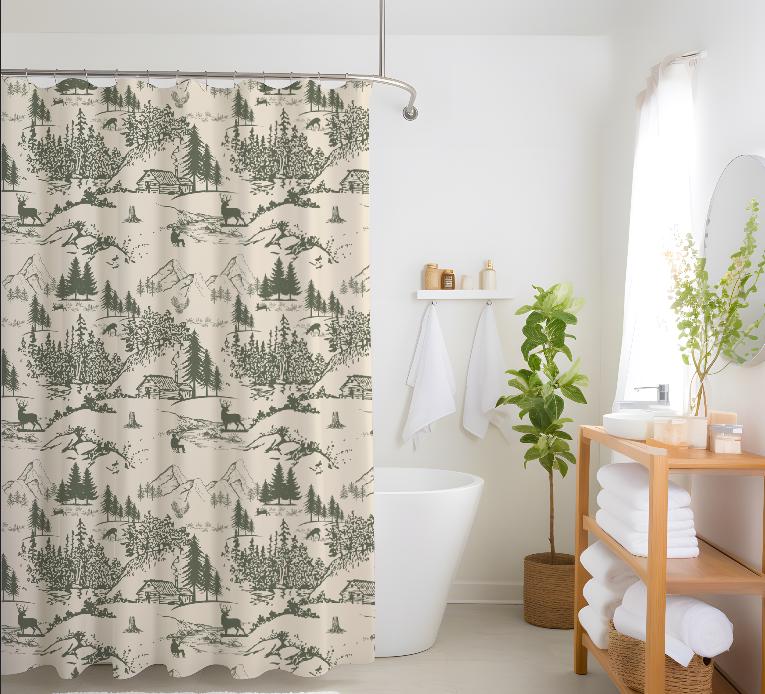 Rustikaler Wald Duschvorhang Cabincore Badezimmer Dekor mit Wald Hirsch, Blockhaus & Berg Toile Cozy Neutral Natur Druck für die Hütte