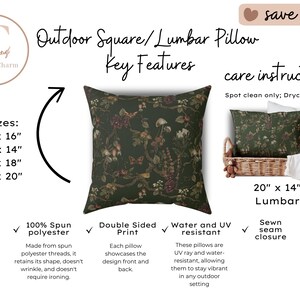 May include: Dark green outdoor pillow with a floral pattern. Available in 4 sizes: 16" x 16", 20" x 14", 18" x 18", and 20" x 20". Made from spun polyester, double-sided print, water and UV resistant, and sewn seam closure. The lumbar pillow is 20" x 14".
