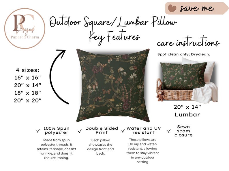 May include: Dark green outdoor pillow with a floral pattern. Available in 4 sizes: 16" x 16", 20" x 14", 18" x 18", and 20" x 20". Made from spun polyester, double-sided print, water and UV resistant, and sewn seam closure. The lumbar pillow is 20" x 14".