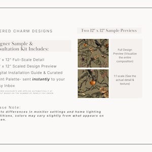 May include: A cream-colored card with text from Papered Charm Designs. The card includes details about a designer sample and consultation kit, including a 12" x 12" full-scale detail and scaled design preview. Two 12" x 12" sample previews are shown, along with a floral design.