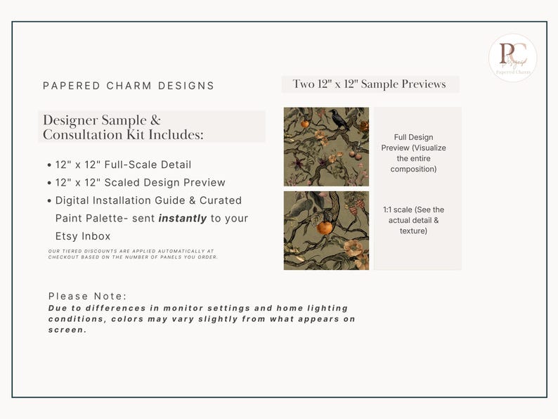 May include: A cream-colored card with text from Papered Charm Designs. The card includes details about a designer sample and consultation kit, including a 12" x 12" full-scale detail and scaled design preview. Two 12" x 12" sample previews are shown, along with a floral design.