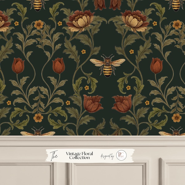 William Morris Inspired Bee Wallpaper | Vintage Floral Wallpaper |  Art Nouveau Cottagecore Decor | Peel & Stick, Pre-pasted, Traditional