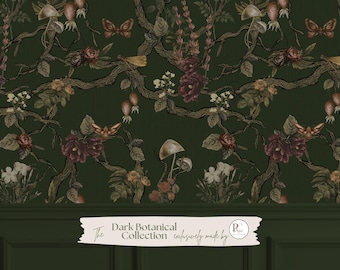 Moody Botanical Dark Green Chinoiserie Wallpaper, Vintage Floral Nature Wall Mural, Moth and Butterfly Peel and Stick Cottagecore Room Decor