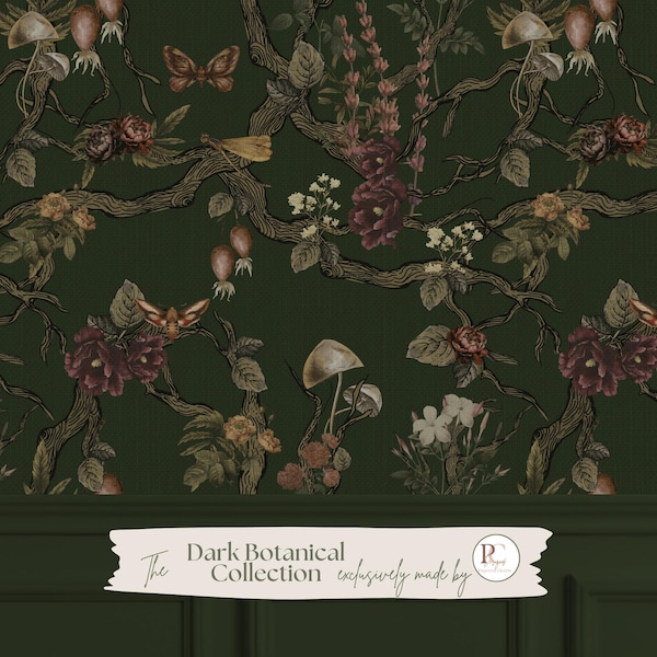Moody Botanical Dark Green Chinoiserie Wallpaper, Vintage Floral Nature Wall Mural, Moth and Butterfly Peel and Stick Cottagecore Room Decor