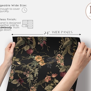 May include: A roll of wallpaper with a dark background and a floral design featuring branches, flowers, and fruit. The panels are 24 inches wide. The text on the image says "Manageable Wide Size" and "Seamless finish".