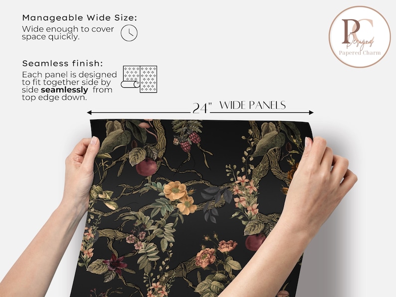 May include: A roll of wallpaper with a dark background and a floral design featuring branches, flowers, and fruit. The panels are 24 inches wide. The text on the image says "Manageable Wide Size" and "Seamless finish".