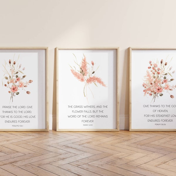 Scripture Art Floral Prints Set of 3 Bible Verse Botanical Wall Art for Living Room Christian Gallery Wall Art  Pink Christian Wall Decor