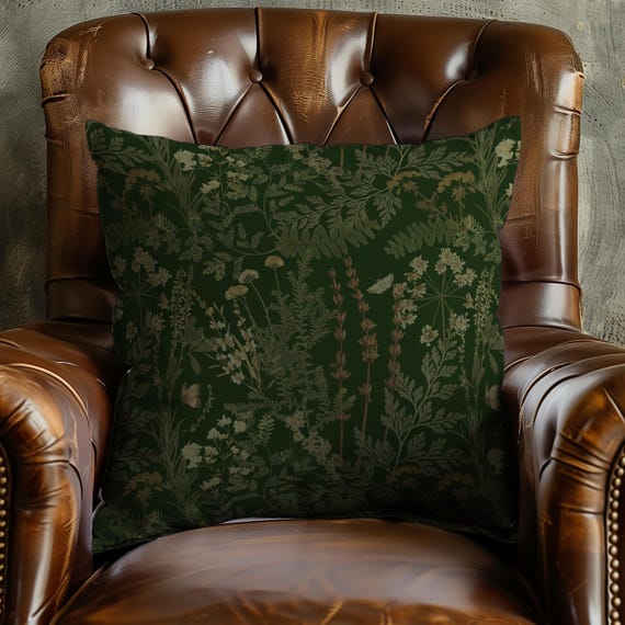 Dark Green Botanical Pillow Moody Floral Throw Cushion Apothecary Square Pillow Case for Dark Cottagecore Home Decor Indoor/Outdoor Pillows