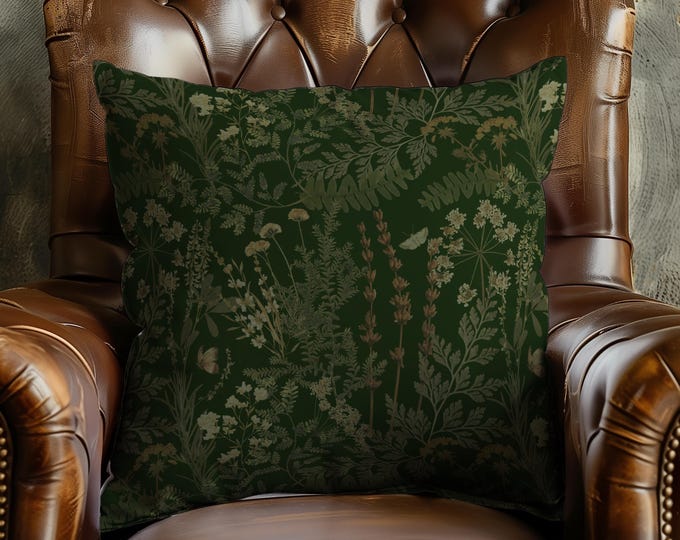 Dark Green Botanical Pillow Moody Floral Throw Cushion Apothecary Square Pillow Case for Dark Cottagecore Home Decor Indoor/Outdoor Pillows