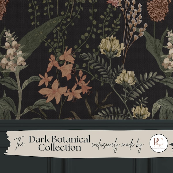 Moody Black Floral Wallpaper | Luxury Linen Texture Botanical | Dark Academia Peel & Stick | Gothic Victorian Maximalist Mural