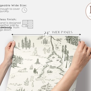 May include: A roll of wallpaper with a black and white forest scene, featuring trees, a river, and wildlife. The panels are 24 inches wide. The text on the wallpaper reads "Manageable Wide Size" and "Seamless finish".