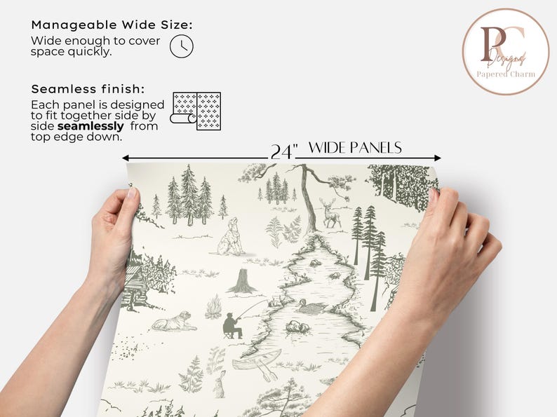 May include: A roll of wallpaper with a black and white forest scene, featuring trees, a river, and wildlife. The panels are 24 inches wide. The text on the wallpaper reads "Manageable Wide Size" and "Seamless finish".