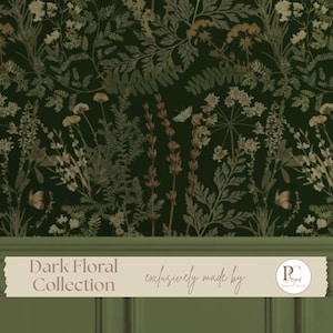 Dark Green Botanical Wallpaper Peel & Stick Vintage Floral Apothecary Mural Moody Cottagecore Removable Wallpaper Cozy Maximalist Home Decor