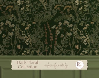 Dark Green Botanical Wallpaper Peel & Stick Vintage Floral Apothecary Mural Moody Cottagecore Removable Wallpaper Cozy Maximalist Home Decor