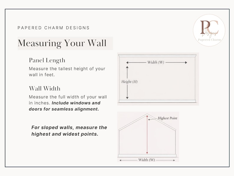 Op de afbeelding: Diagram met uitleg over het meten van een muur voor wandpanelen. Bevat instructies voor paneellengte in feet en muurbreedte in inches, met diagrammen voor rechthoekige en schuine muren. De tekst luidt "Measuring Your Wall".