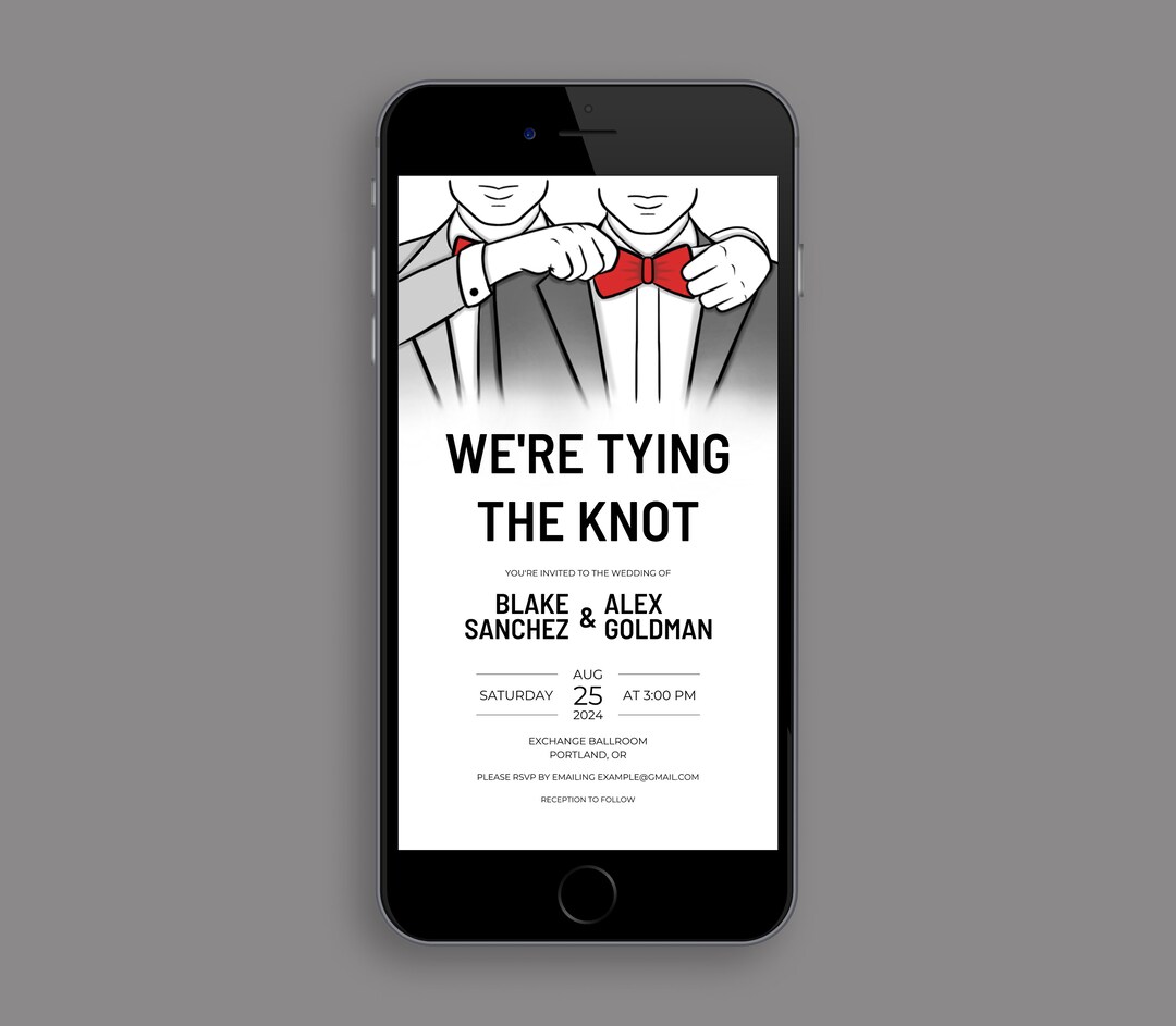 Digital Gay Wedding Invitation, Tying the Knot Wedding Evite, Shower