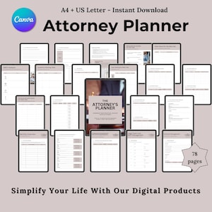 Könnte beinhalten: Digitaler Anwaltsplaner mit Seiten für SWOT-Analyse, Quartalsplanung und Zielsetzung. Sofortiger Download in A4- und US-Letter-Größe. Der Planer umfasst 78 Seiten. Der Text lautet: Attorney Planner.