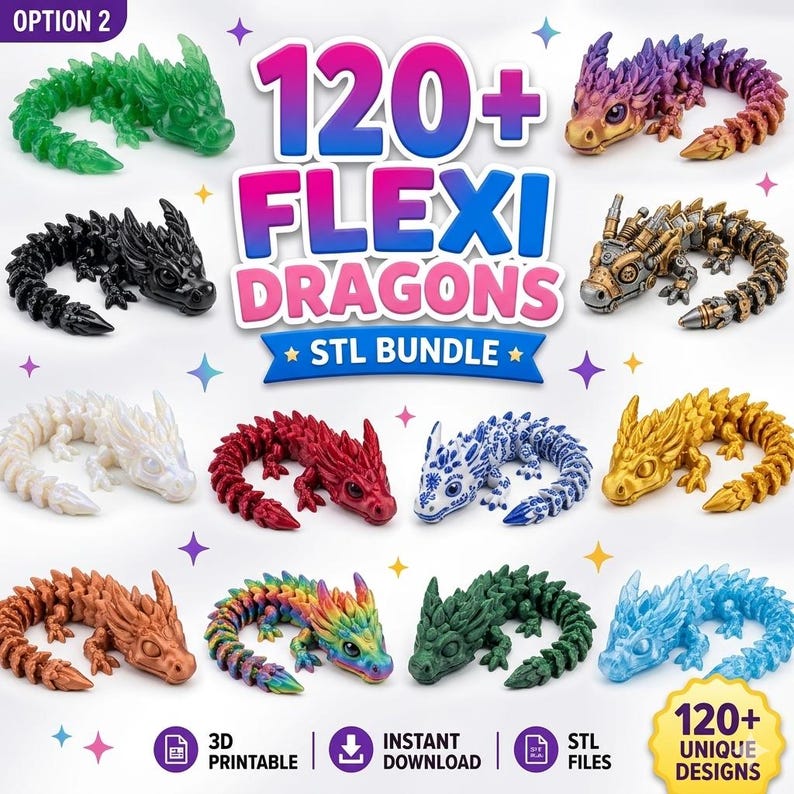flexi dragon STL bundle
articulated 3D dragon
print in place dragon file
fantasy creature STL pack
3D printable fidget dragon toy
dragon articulated model download
Etsy STL dragon bundle