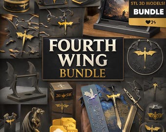 Pacote Fourth Wing STL | Mais de 20 arquivos STL para impressão | Chaveiros, marcadores de livros e suporte para tablet com tema de dragão fantástico | Presente perfeito para amantes de livros | Modelos para impressão 3D