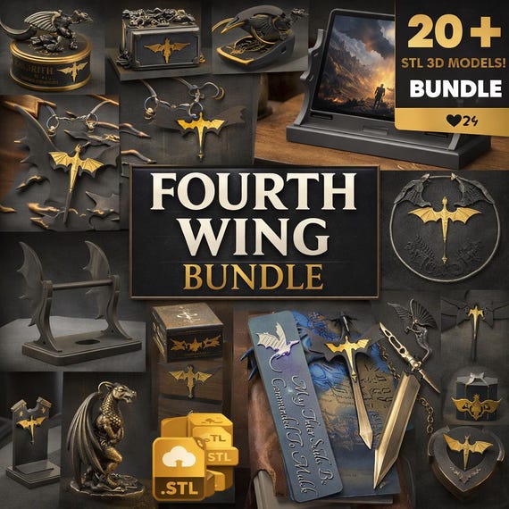 Fourth Wing STL Bundle | 20+ STL Print Files | Fantasy Dragon Keychains, Bookmarks, Tablet Holder | Bookish Gift STL | 3D Printing Models