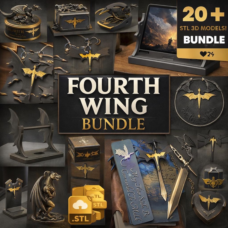 Fourth Wing STL Bundle | 20+ STL Print Files | Fantasy Dragon Keychains, Bookmarks, Tablet Holder | Bookish Gift STL | 3D Printing Models image 1