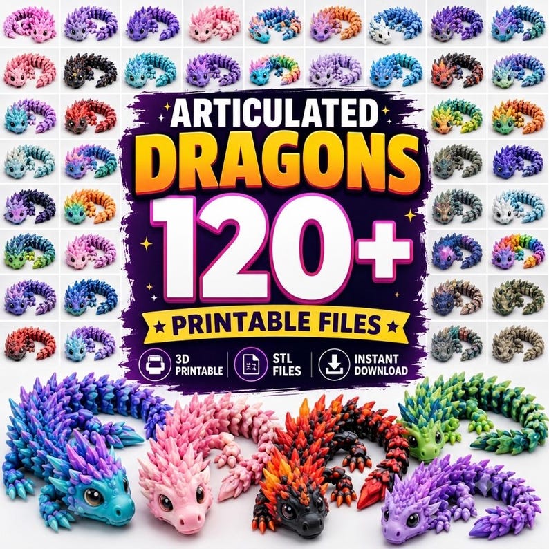flexi dragon STL bundle
articulated 3D dragon
print in place dragon file
fantasy creature STL pack
3D printable fidget dragon toy
dragon articulated model download
Etsy STL dragon bundle