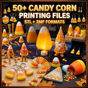 May include: A collection of Halloween-themed 3D printing files featuring candy corn designs. The image showcases various items, including earrings, keychains, and figurines, all in the classic orange, yellow, and white candy corn colors. Text reads "50+ CANDY CORN PRINTING FILES STL + 3MF FORMATS."