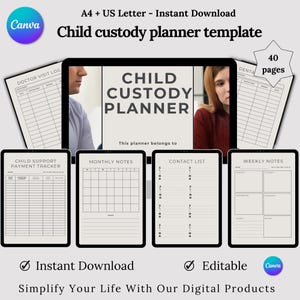 Può includere: Modello digitale di pianificatore di affidamento dei minori in bianco e nero. Il modello include sezioni per i registri delle visite mediche, il monitoraggio dei pagamenti degli alimenti, le note mensili, gli elenchi dei contatti e le note settimanali. Download immediato e modificabile.
