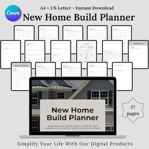 Könnte beinhalten: Ein digitaler New Home Build Planner, der auf einem Laptop mit mehreren Seiten auf Tablets angezeigt wird. Der Planer enthält Abschnitte für Design, Planung und erste Planung. Der Text "Vereinfachen Sie Ihr Leben mit unseren digitalen Produkten" ist ebenfalls sichtbar.