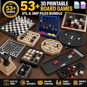 Könnte beinhalten: Ein digitales Paket mit über 53 3D-druckbaren Brettspielen, darunter Schach, Vier gewinnt, Tic-Tac-Toe und verschiedene Strategiespiele. Die Sammlung enthält STL- und 3MF-Dateiformate für diverse Tischspiele mit Spielfiguren und Spielbrettern.