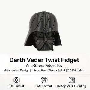 Puede incluir: Un Darth Vader Twist Fidget negro, un juguete antiestrés. El diseño articulado es interactivo y proporciona alivio del estrés. El texto de la imagen indica que es imprimible en 3D y está disponible en formatos STL y 3MF.