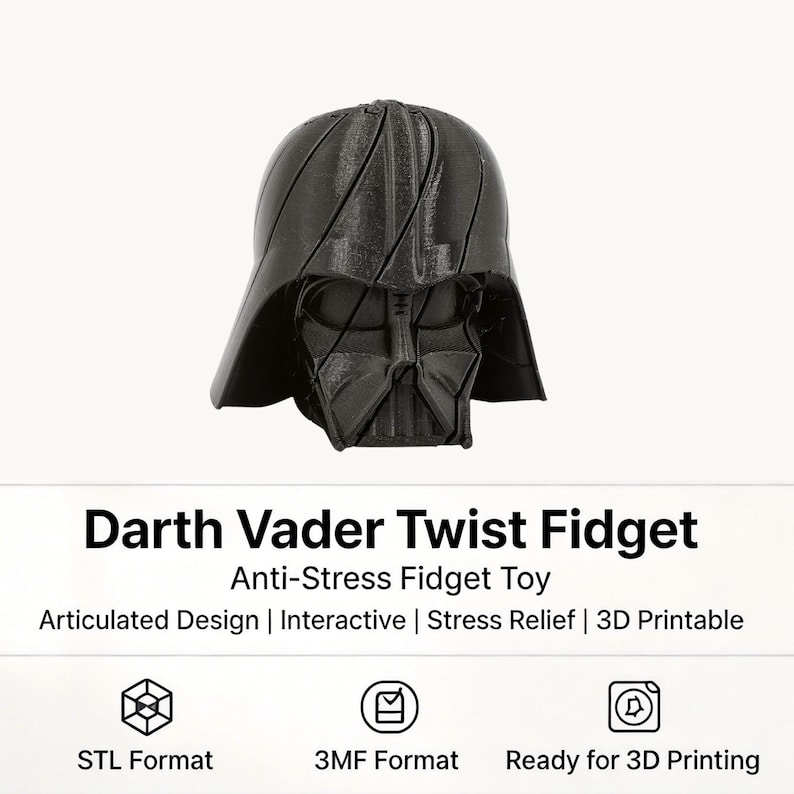 Pode incluir: Um Darth Vader Twist Fidget preto, um brinquedo anti-stress. O design articulado &eacute; interativo e proporciona al&iacute;vio do stress. O texto na imagem diz que &eacute; imprim&iacute;vel em 3D e est&aacute; dispon&iacute;vel nos formatos STL e 3MF.