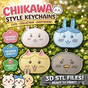 Chiikawa Style Keychain STL Bundle | 4 süße Kawaii Tiergesicht Schlüsselanhänger | Bär Hase Katze Küken Charme STL-Dateien | 3D Druckbare Schlüsselanhänger Paket