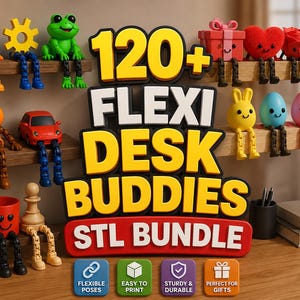 Puede incluir: Una colección de Flexi Desk Buddies coloridos, incluyendo una calabaza, un coche y una rana, con poses flexibles. La imagen presenta el texto "120+ FLEXI DESK BUDDIES STL BUNDLE" e iconos para poses flexibles, fácil de imprimir, resistente y duradero, y perfecto para regalos.