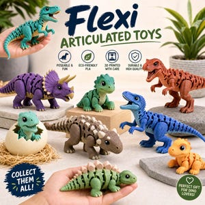 May include: A collection of articulated dinosaur toys in various colors including blue, purple, green, brown, and orange. The set features a T-Rex, triceratops, and baby dinosaurs, some emerging from eggs. Text includes Flexi Articulated Toys and Collect Them All.