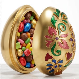May include: A golden, egg-shaped container, open to reveal an assortment of colorful candies and chocolates. The exterior is adorned with floral designs in pink, green, and blue, creating a festive and decorative appearance.