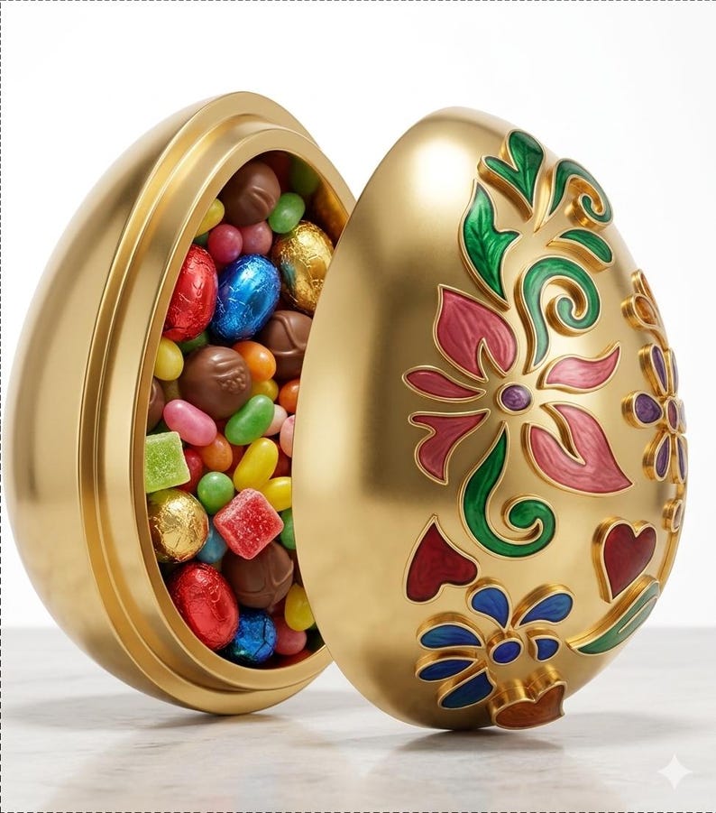 May include: A golden, egg-shaped container, open to reveal an assortment of colorful candies and chocolates. The exterior is adorned with floral designs in pink, green, and blue, creating a festive and decorative appearance.