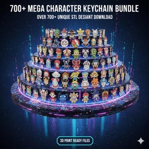 Può includere: Esposizione a più livelli di portachiavi di personaggi, con una varietà di design colorati. L'immagine include il testo "700+ MEGA CHARACTER KEYCHAIN BUNDLE" e "OVER 700+ UNIQUE STL DESIANT DOWNLOAD". La base recita "3D PRINT READY FILES".